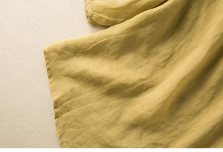 Women's Yellow Embroidered Cotton Linen Shirt with Ear Collar Half Sleeve — feature 21