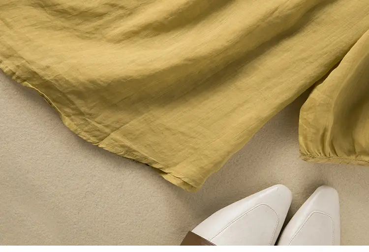 Women's Yellow Embroidered Cotton Linen Shirt with Ear Collar Half Sleeve — feature 22