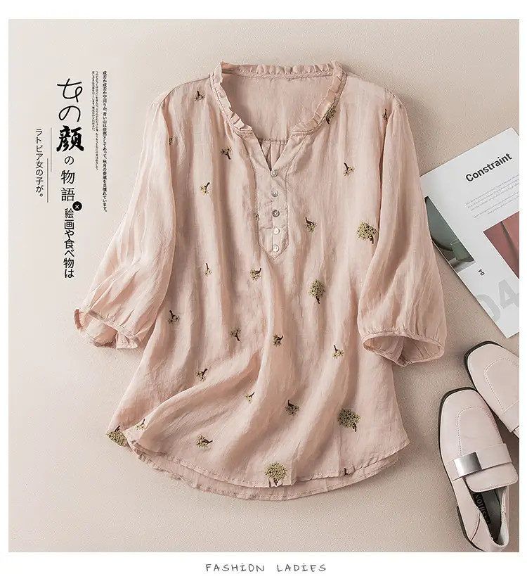 Women's Yellow Embroidered Cotton Linen Shirt with Ear Collar Half Sleeve — feature 24