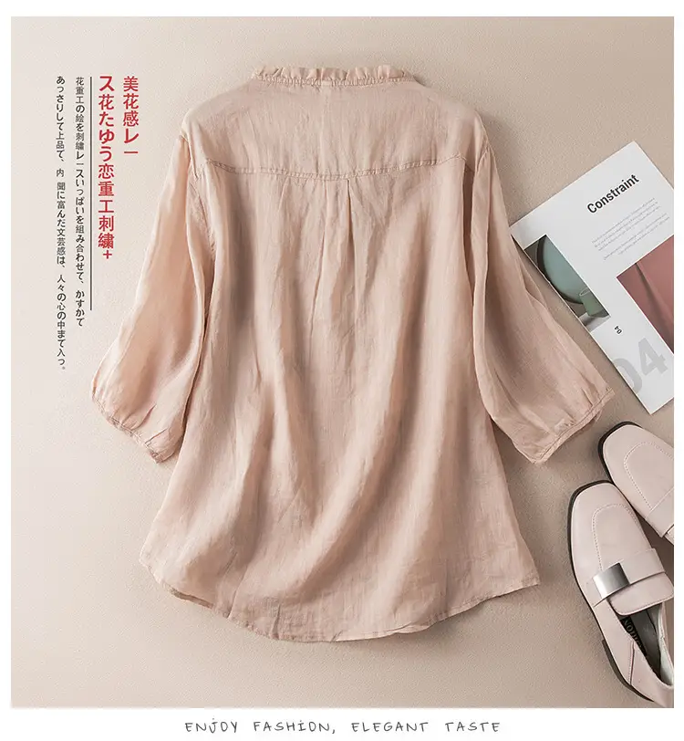 Women's Yellow Embroidered Cotton Linen Shirt with Ear Collar Half Sleeve — feature 25