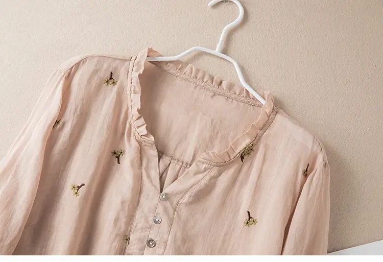 Women's Yellow Embroidered Cotton Linen Shirt with Ear Collar Half Sleeve — feature 26