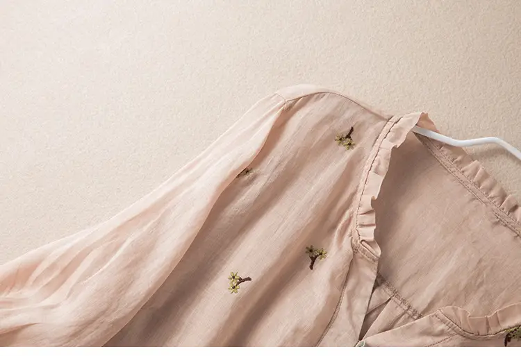 Women's Yellow Embroidered Cotton Linen Shirt with Ear Collar Half Sleeve — feature 27