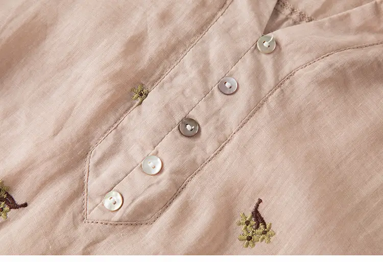 Women's Yellow Embroidered Cotton Linen Shirt with Ear Collar Half Sleeve — feature 29