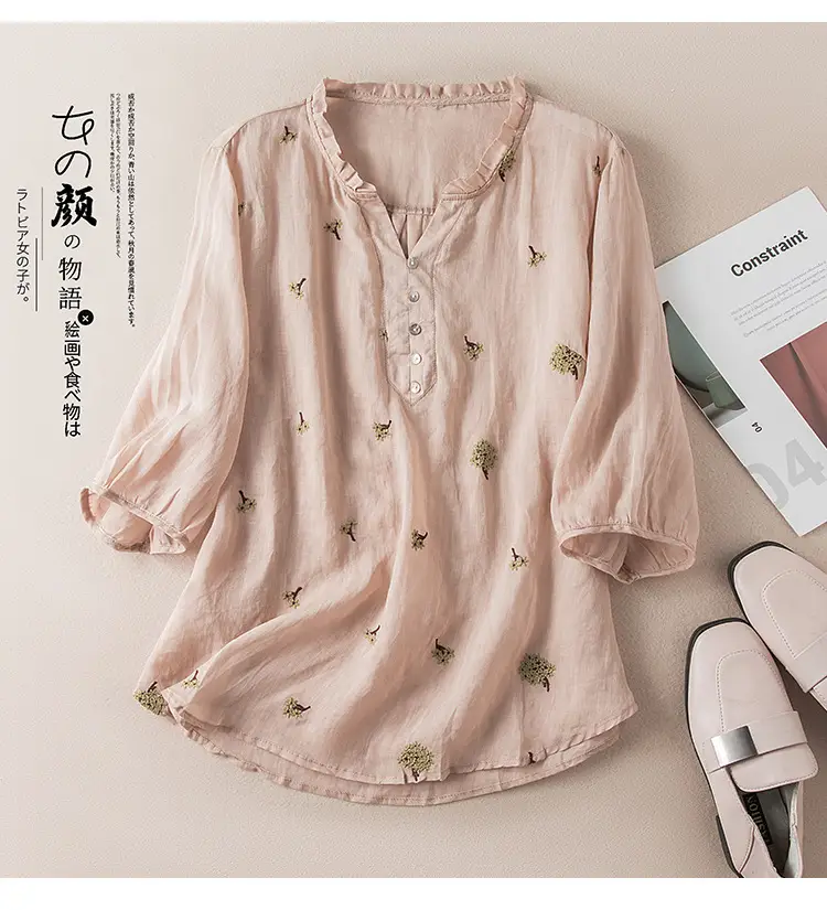 Women's Yellow Embroidered Cotton Linen Shirt with Ear Collar Half Sleeve — feature 3