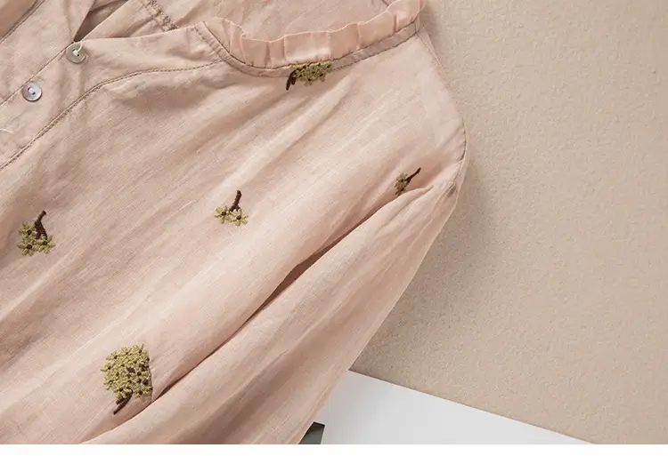 Women's Yellow Embroidered Cotton Linen Shirt with Ear Collar Half Sleeve — feature 30