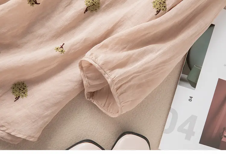 Women's Yellow Embroidered Cotton Linen Shirt with Ear Collar Half Sleeve — feature 31