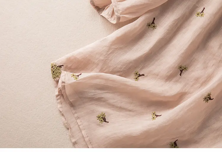 Women's Yellow Embroidered Cotton Linen Shirt with Ear Collar Half Sleeve — feature 32