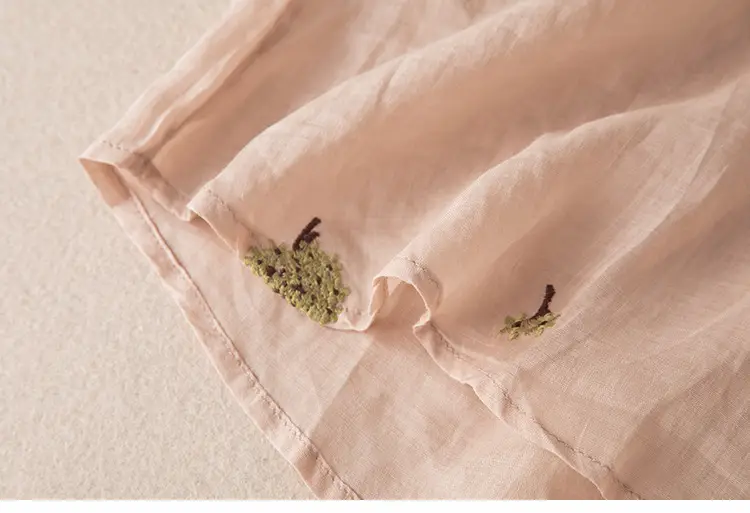 Women's Yellow Embroidered Cotton Linen Shirt with Ear Collar Half Sleeve — feature 33