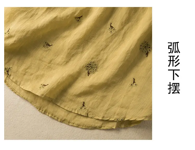 Women's Yellow Embroidered Cotton Linen Shirt with Ear Collar Half Sleeve — feature 6