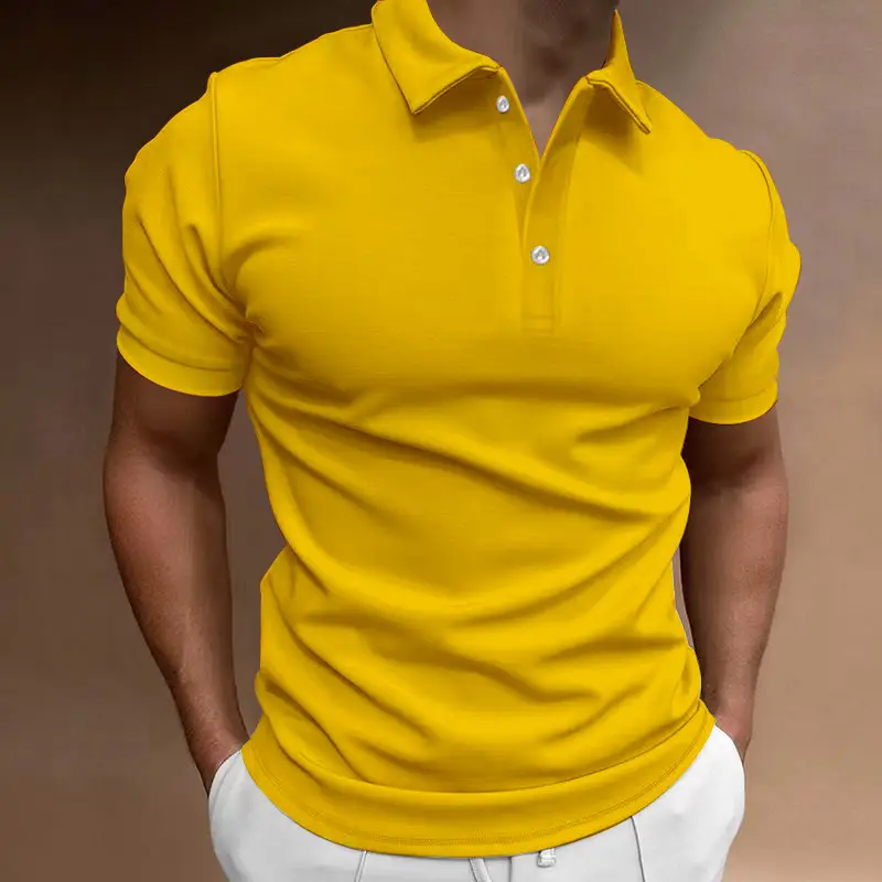 Men Slim Fit Yellow Polo Shirt Button Collar