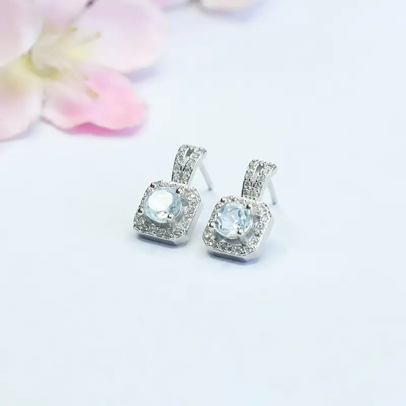 Guan Yu Silver Inlaid Topaz Earrings Square Small - Image 3