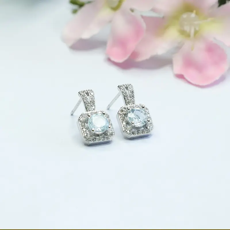 Guan Yu Silver Inlaid Topaz Earrings Square Small - Image 4