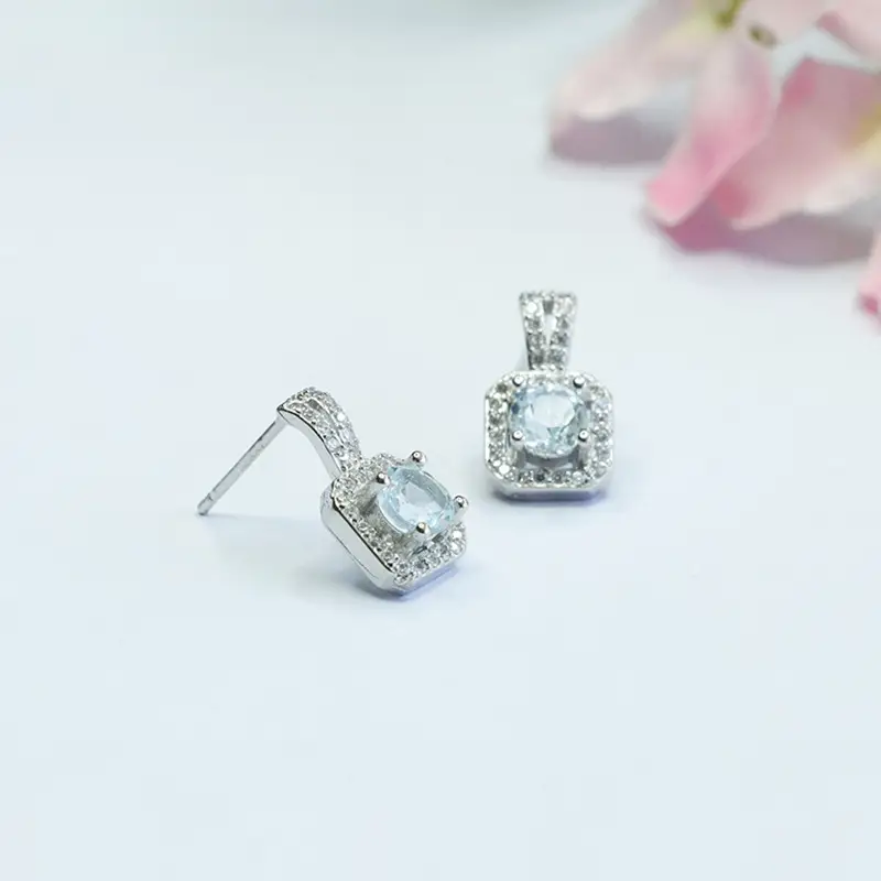 Guan Yu Silver Inlaid Topaz Earrings Square Small - Image 5