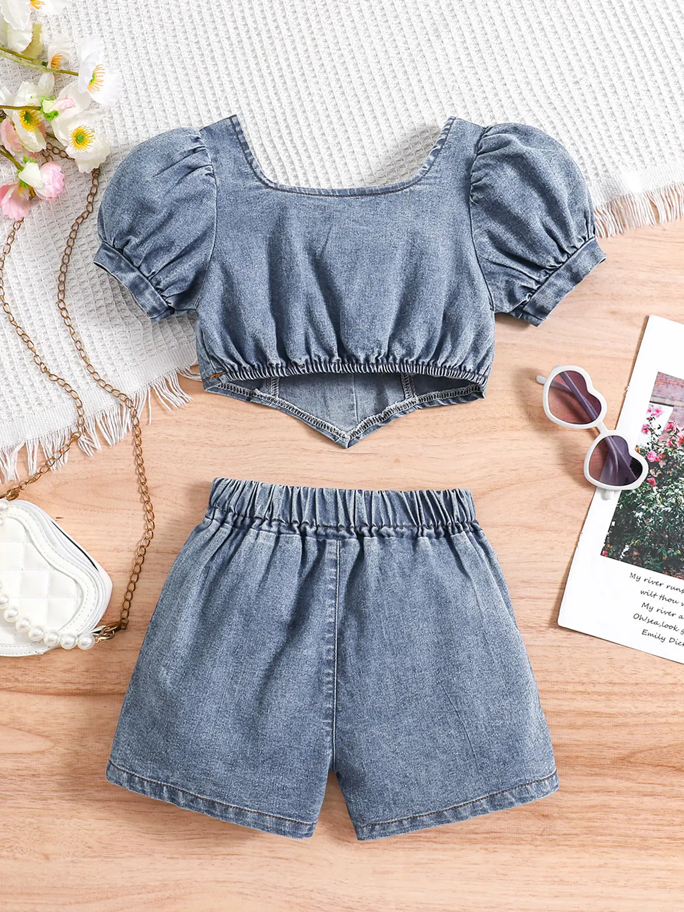 Denim Shorts & Collar Top Set for Girls Summer — feature 18