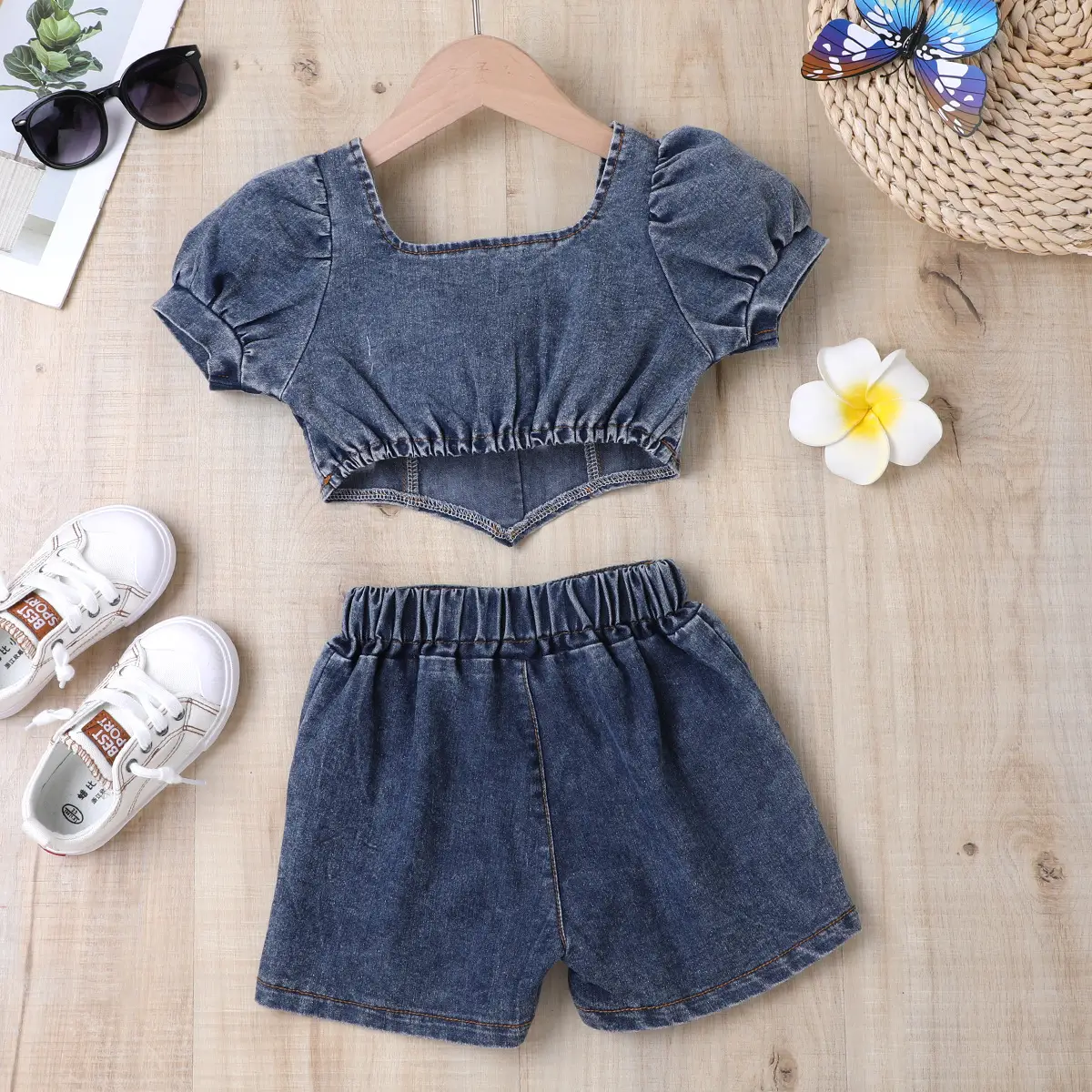 Denim Shorts & Collar Top Set for Girls Summer — feature 7