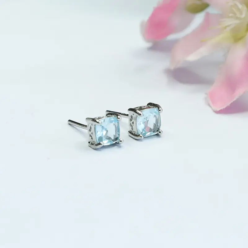 Swiss Blue Square Topaz Earrings S925 Silver