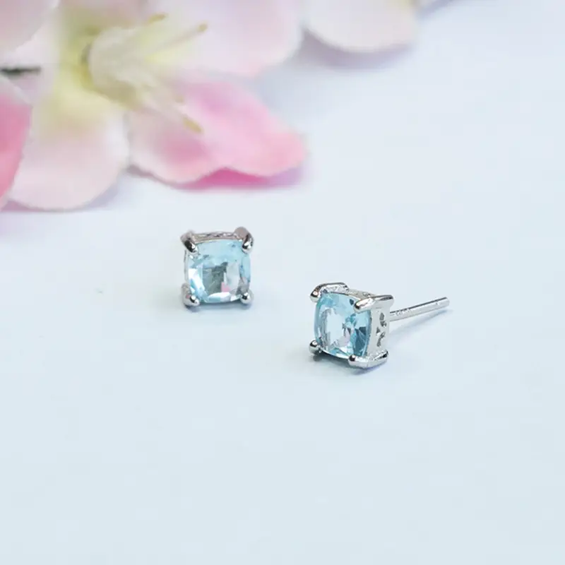 Swiss Blue Square Topaz Earrings S925 Silver