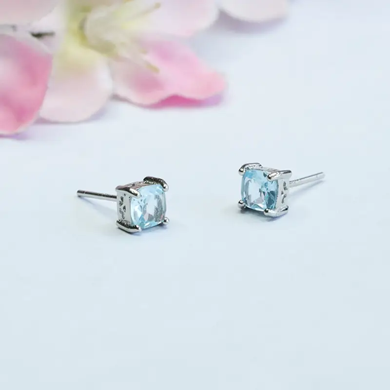 Swiss Blue Square Topaz Earrings S925 Silver