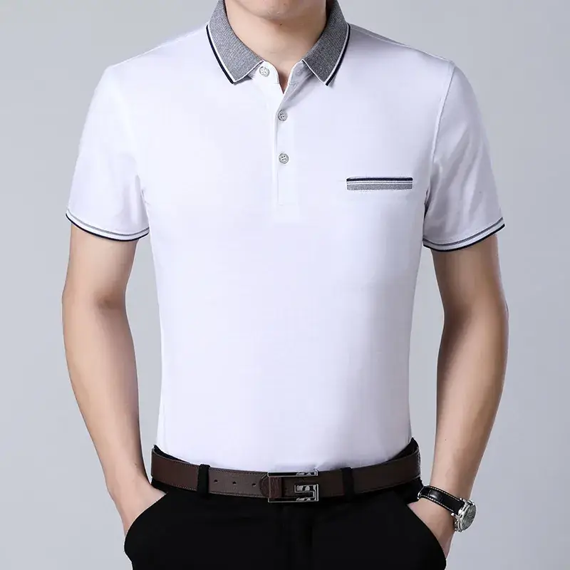 Men Cotton Polo Shirt White Short Sleeve Summer - Image 8