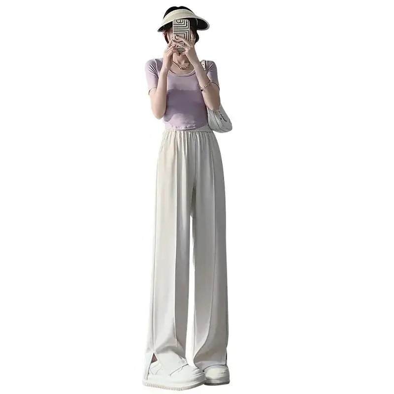 Women Side Slit Wide Leg Pants Summer Loose Draped Casual