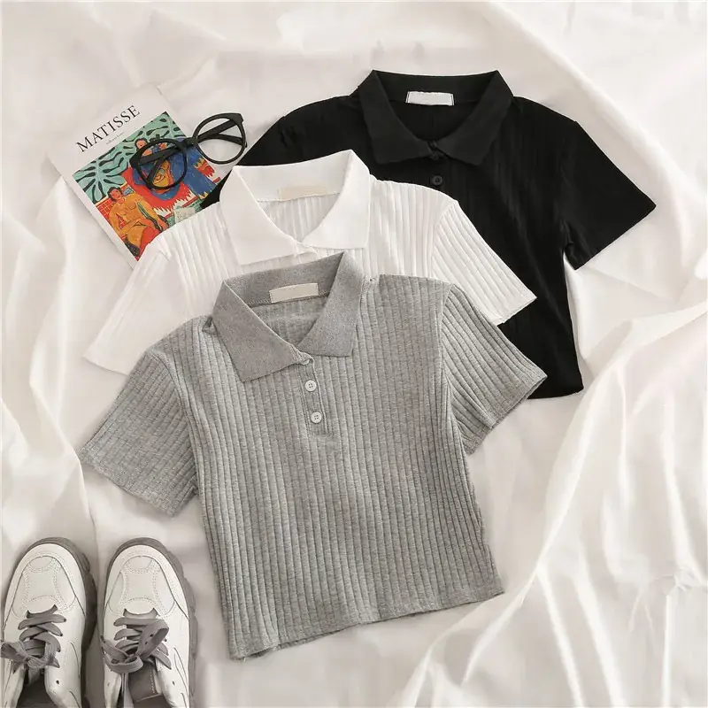 Women Grey Waffle Polo T-Shirt 2025 Summer - Image 5