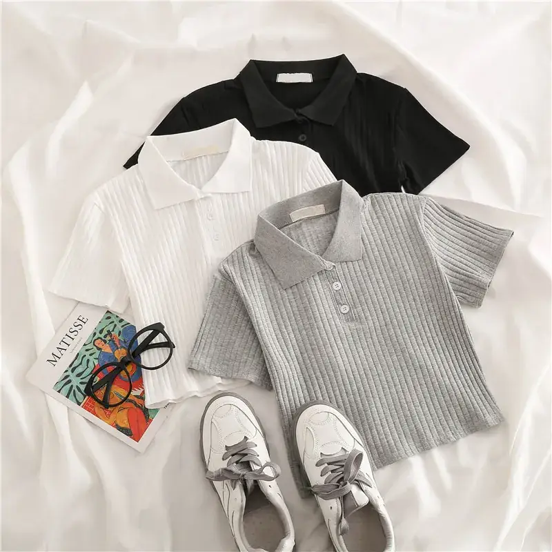 Women Grey Waffle Polo T-Shirt 2025 Summer — feature 2