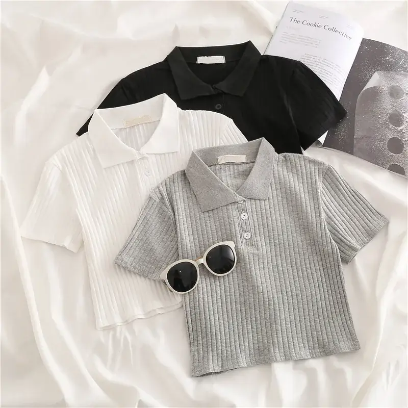 Women Grey Waffle Polo T-Shirt 2025 Summer — feature 4