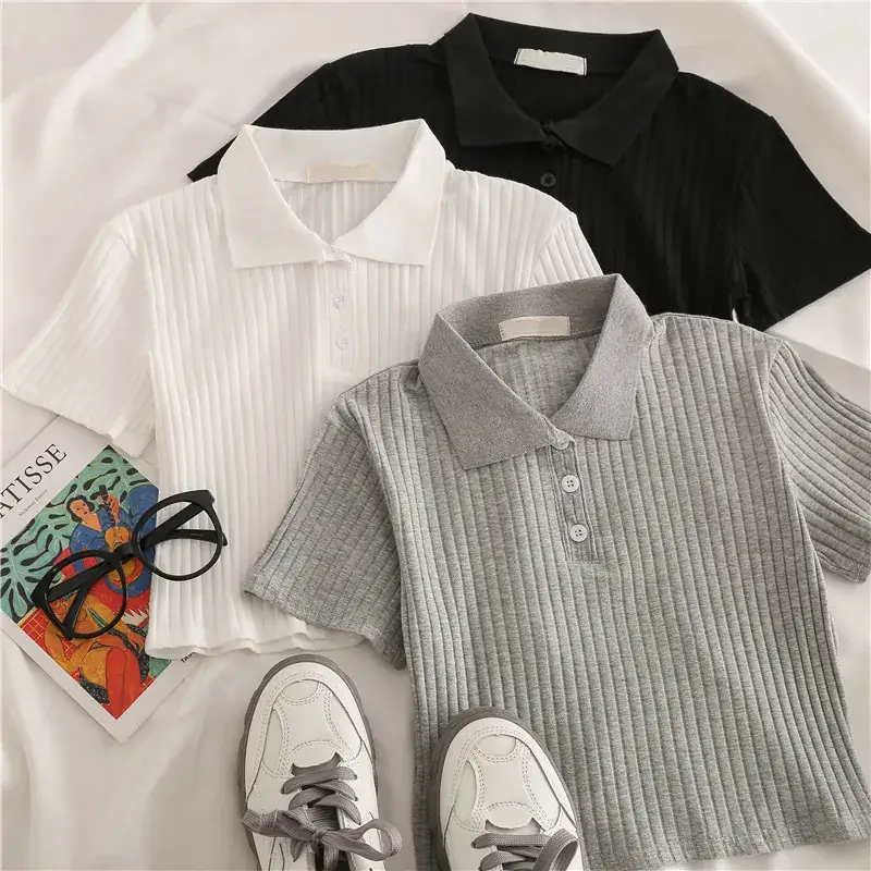 Women Grey Waffle Polo T-Shirt 2025 Summer — feature 5