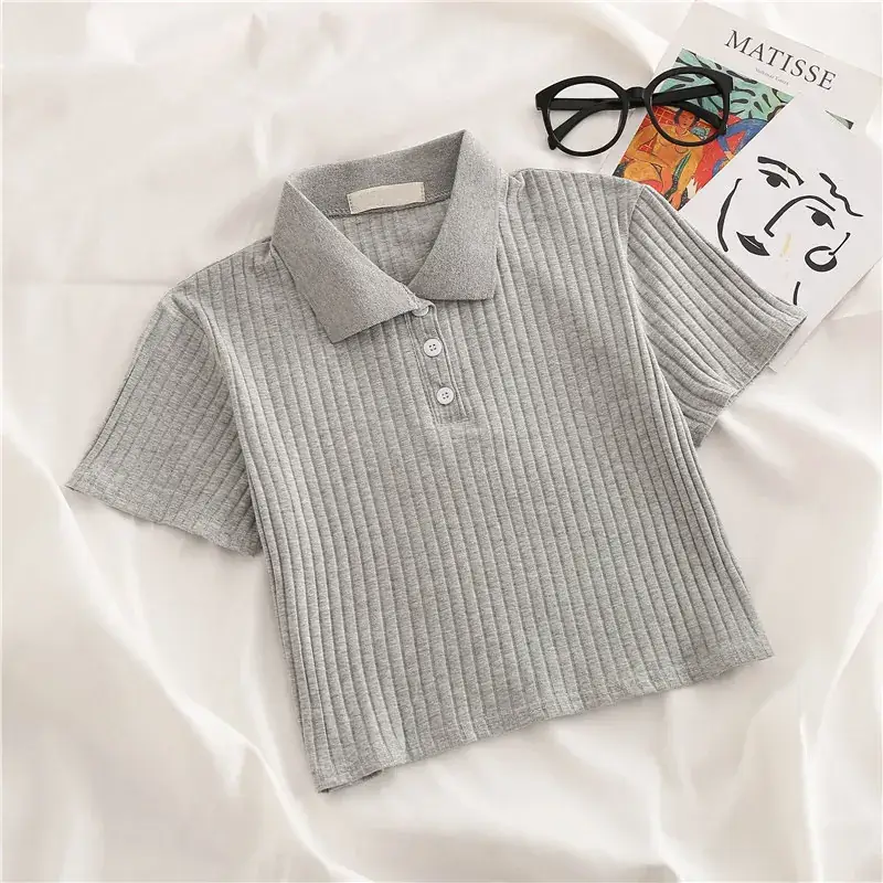 Women Grey Waffle Polo T-Shirt 2025 Summer — feature 6