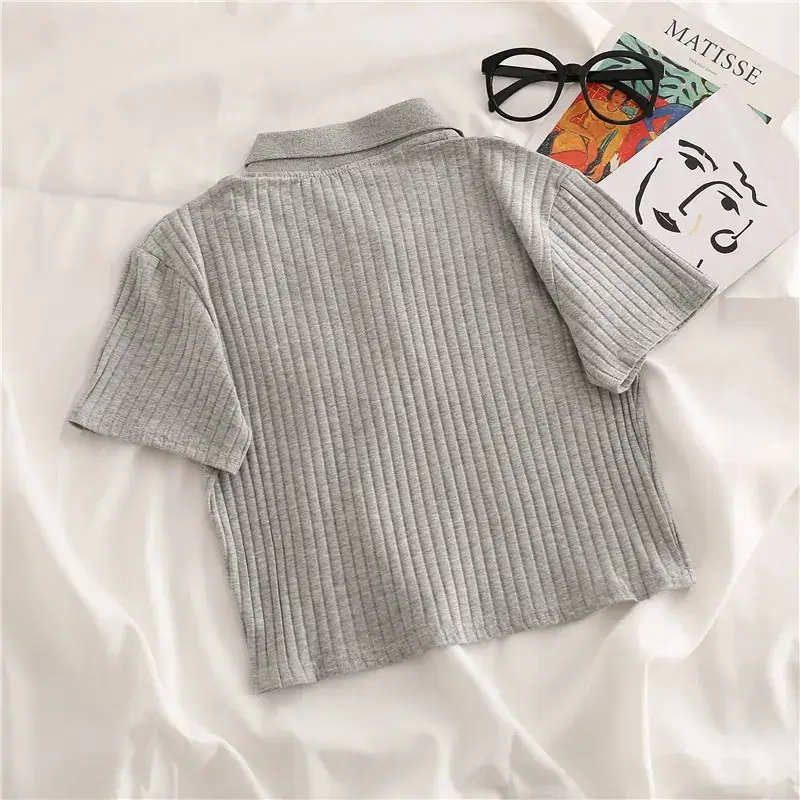 Women Grey Waffle Polo T-Shirt 2025 Summer — feature 7