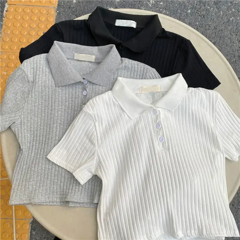 Women Grey Waffle Polo T-Shirt 2025 Summer — feature 9