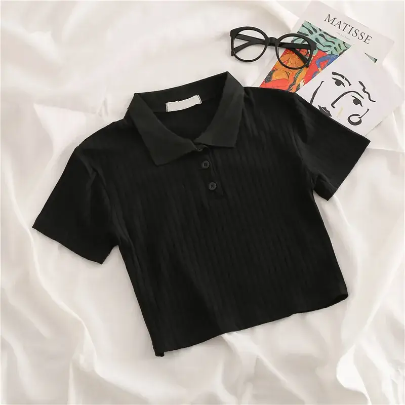 Women Grey Waffle Polo T-Shirt 2025 Summer - Image 3