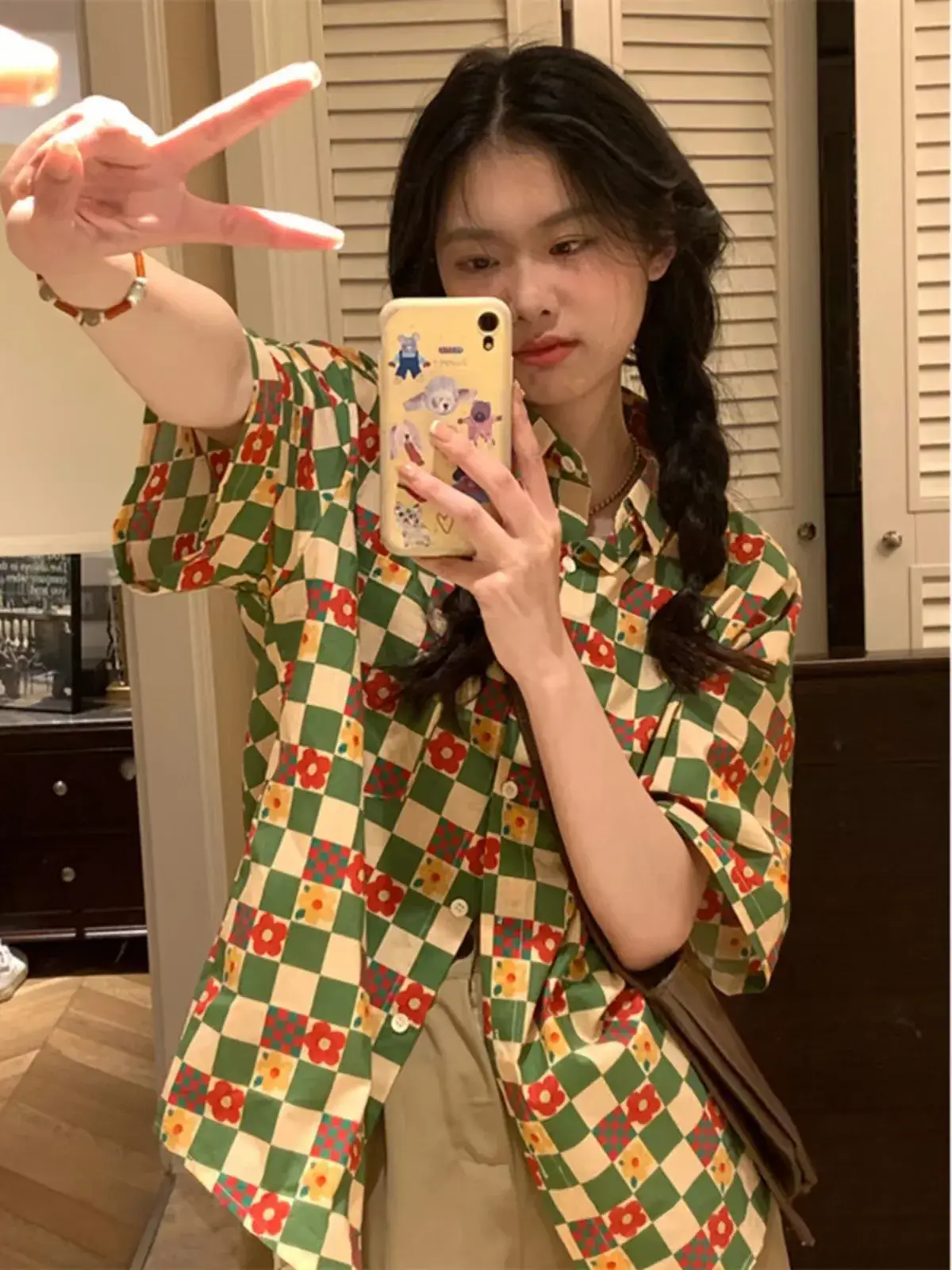 Women's Retro Hong Kong Style Printed Shirt Short Sleeve Pastoral - Image 3