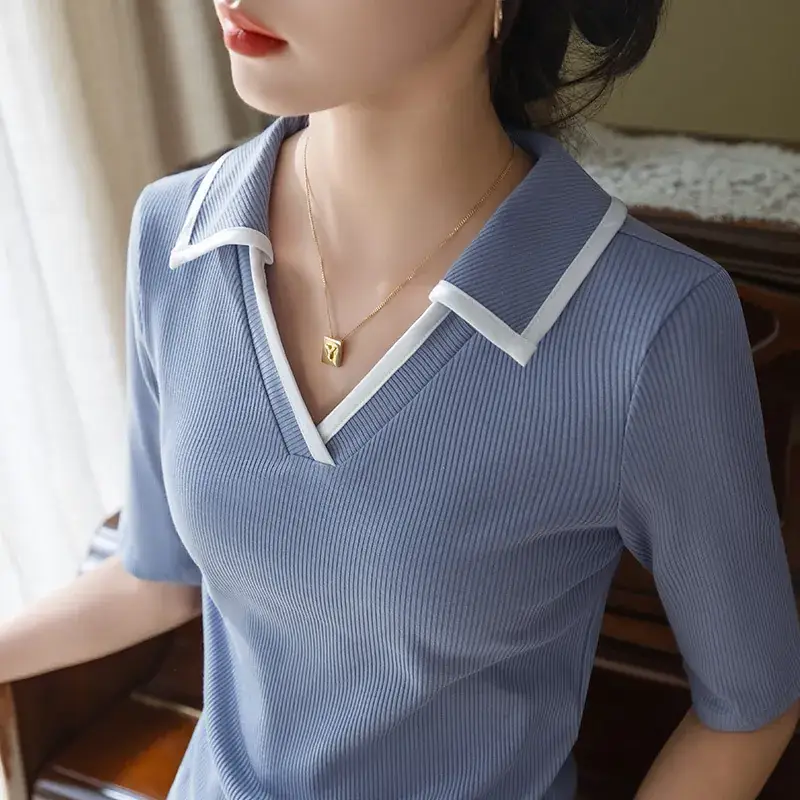 Women V-Neck Short Sleeve T-Shirt Blue White - Image 5