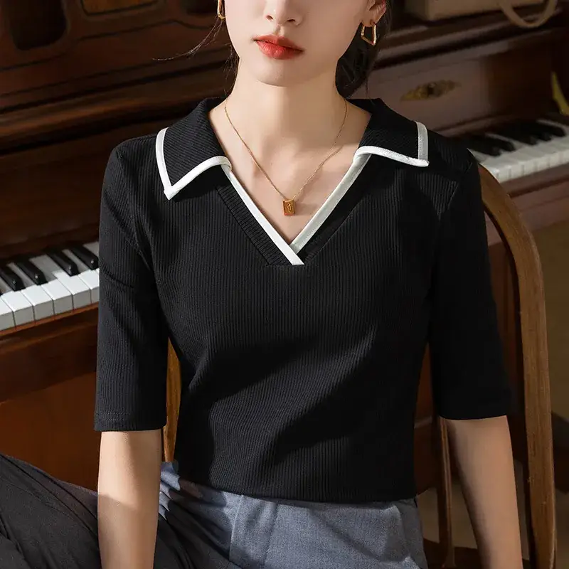 Women V-Neck Short Sleeve T-Shirt Blue White - Image 6