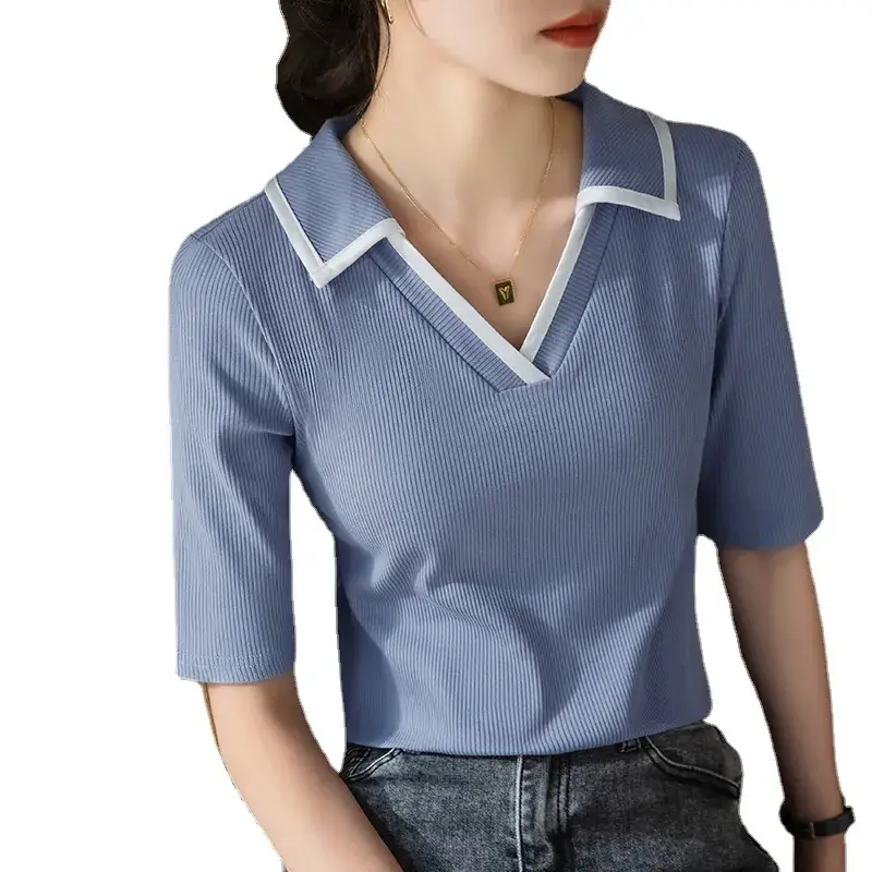 Women V-Neck Short Sleeve T-Shirt Blue White - Image 7