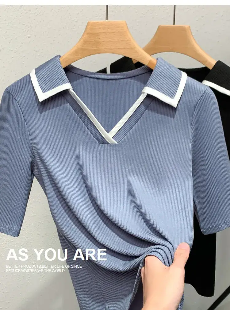 Women V-Neck Short Sleeve T-Shirt Blue White — feature 12