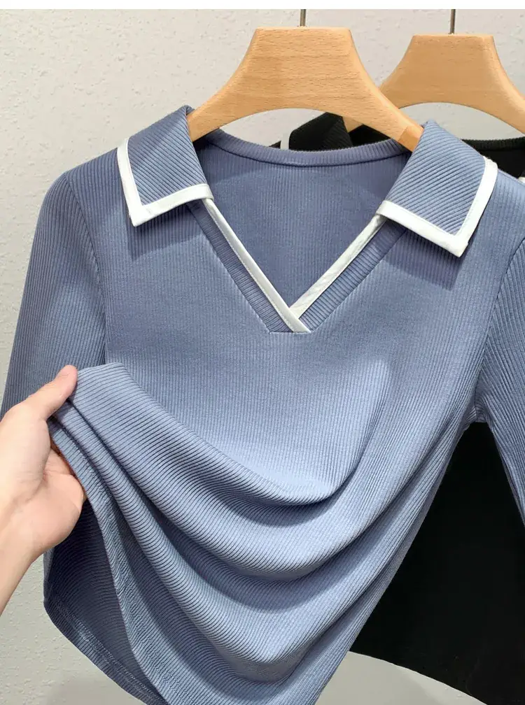 Women V-Neck Short Sleeve T-Shirt Blue White — feature 13