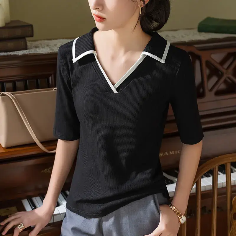 Women V-Neck Short Sleeve T-Shirt Blue White - Image 2