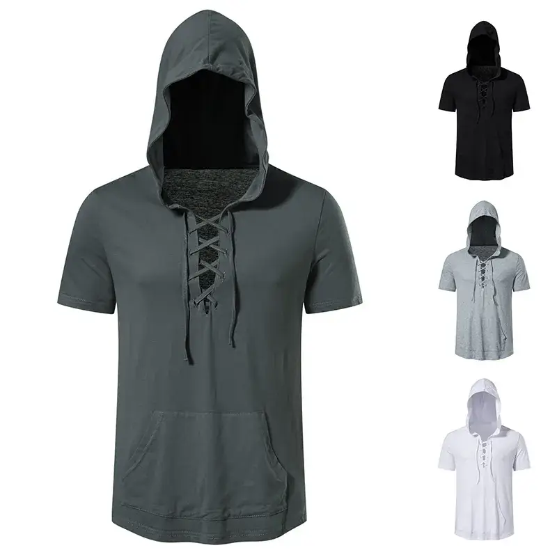 Men Hooded Cotton T-Shirt Grey B32