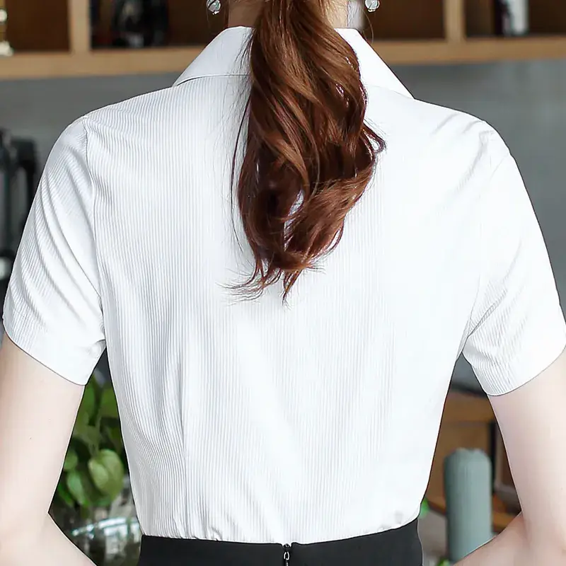 Women White Vertical Stripes Short Sleeve Shirt - Image 3