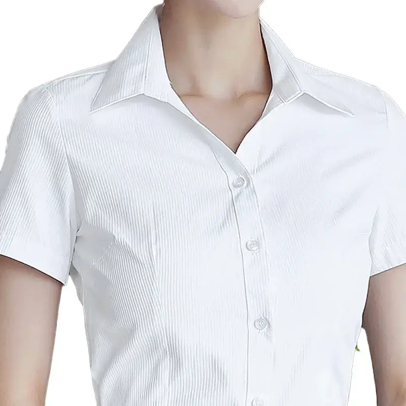 Women White Vertical Stripes Short Sleeve Shirt - Image 5