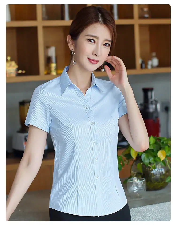 Women White Vertical Stripes Short Sleeve Shirt — feature 12