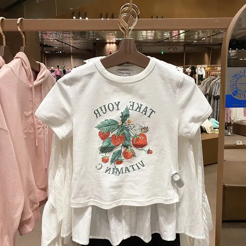 Women White Fruit Print Short Sleeve T-Shirt 2025