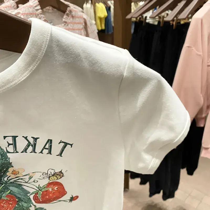 Women White Fruit Print Short Sleeve T-Shirt 2025