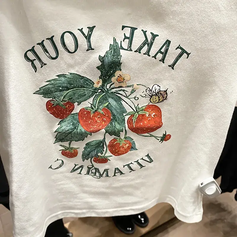 Women White Fruit Print Short Sleeve T-Shirt 2025 — feature 27