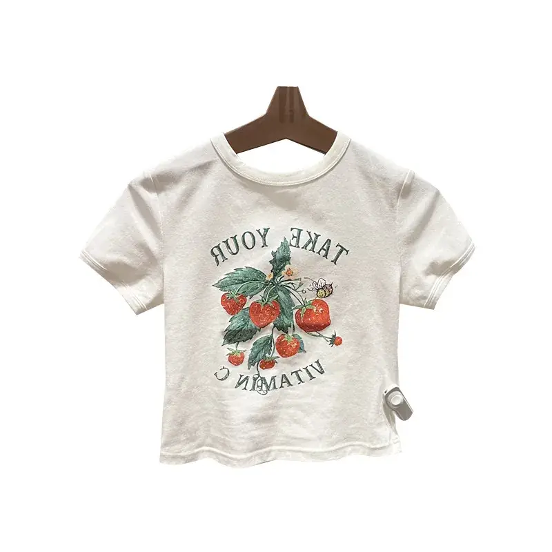 Women White Fruit Print Short Sleeve T-Shirt 2025 — feature 29