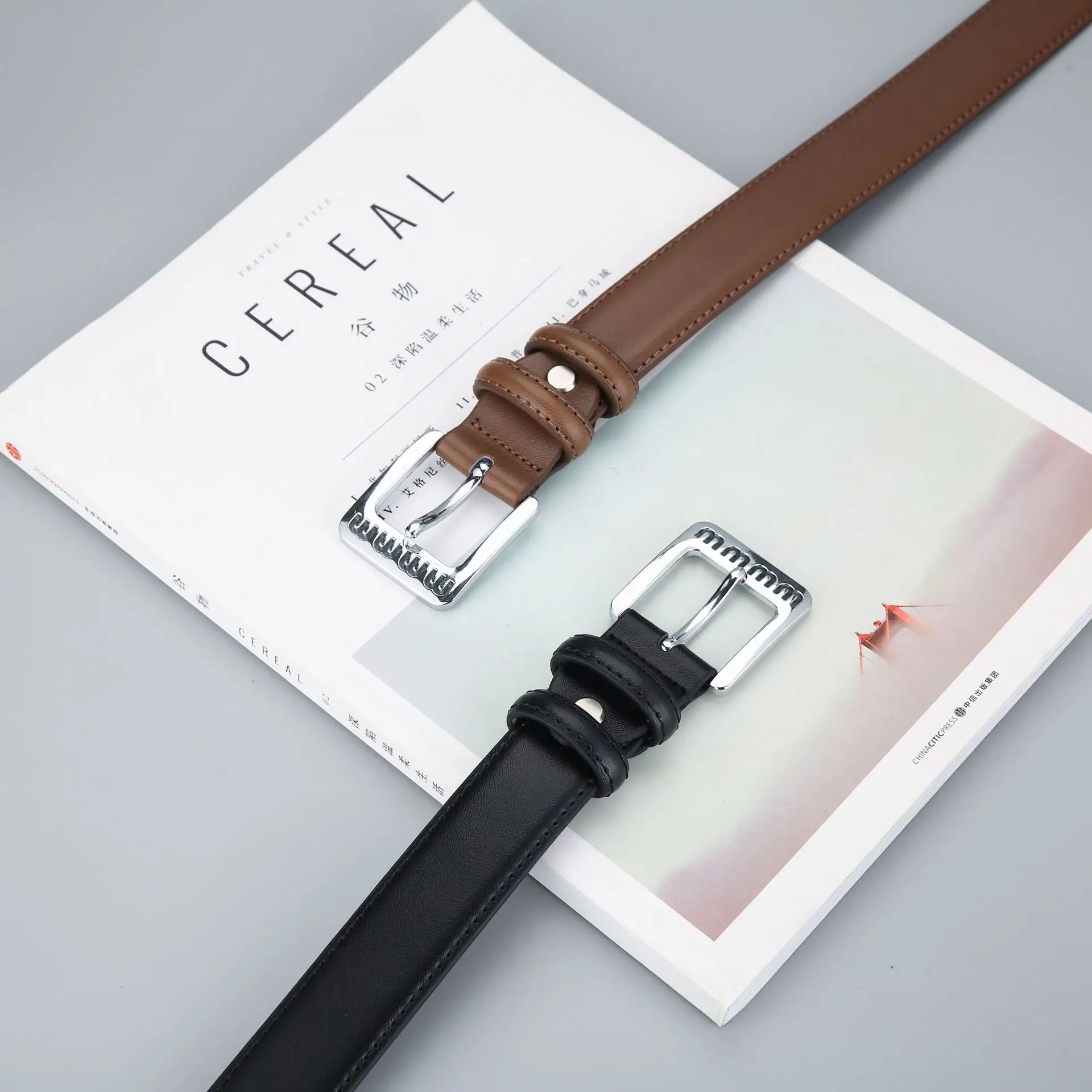 Women's Beige Leather Belt with Silver Buckle - Image 8