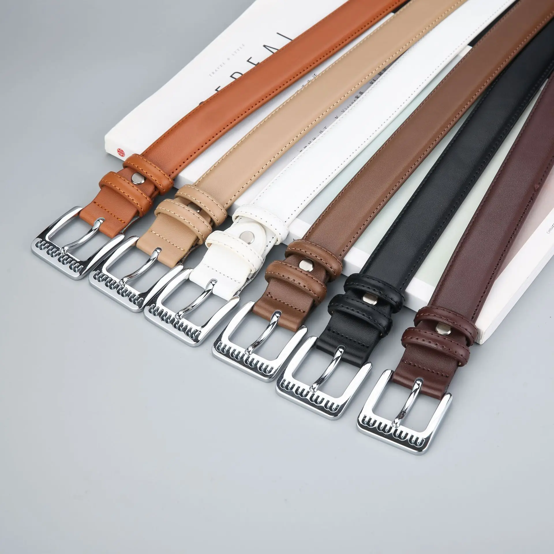 Women's Beige Leather Belt with Silver Buckle - Image 10