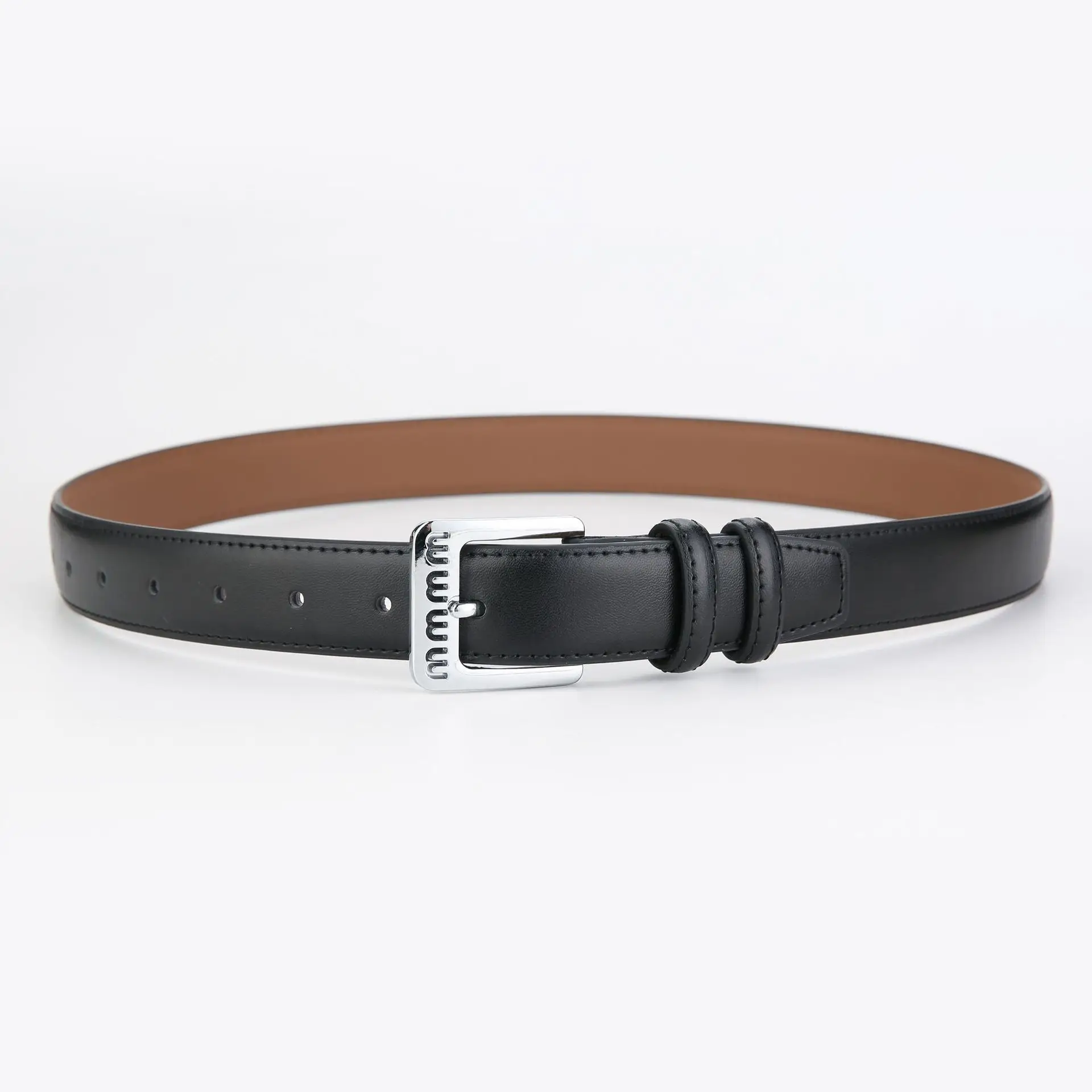 Women's Beige Leather Belt with Silver Buckle - Image 11